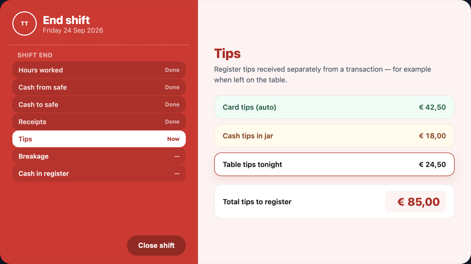 TabTap end-of-shift checklist with tips registration